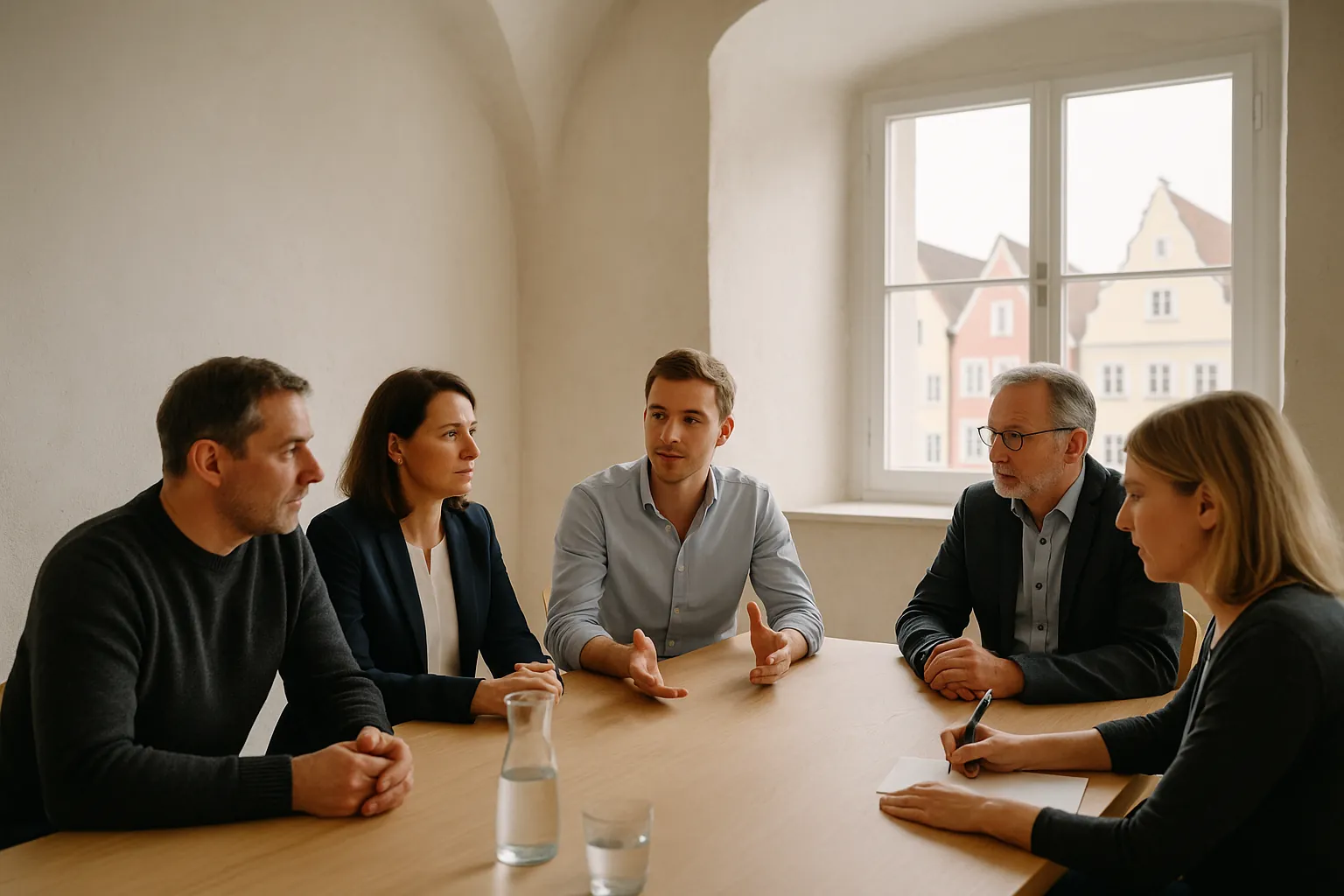 Unternehmerinnen und Unternehmer im Gespräch an einem langen Holztisch in einem hellen Altstadtraum