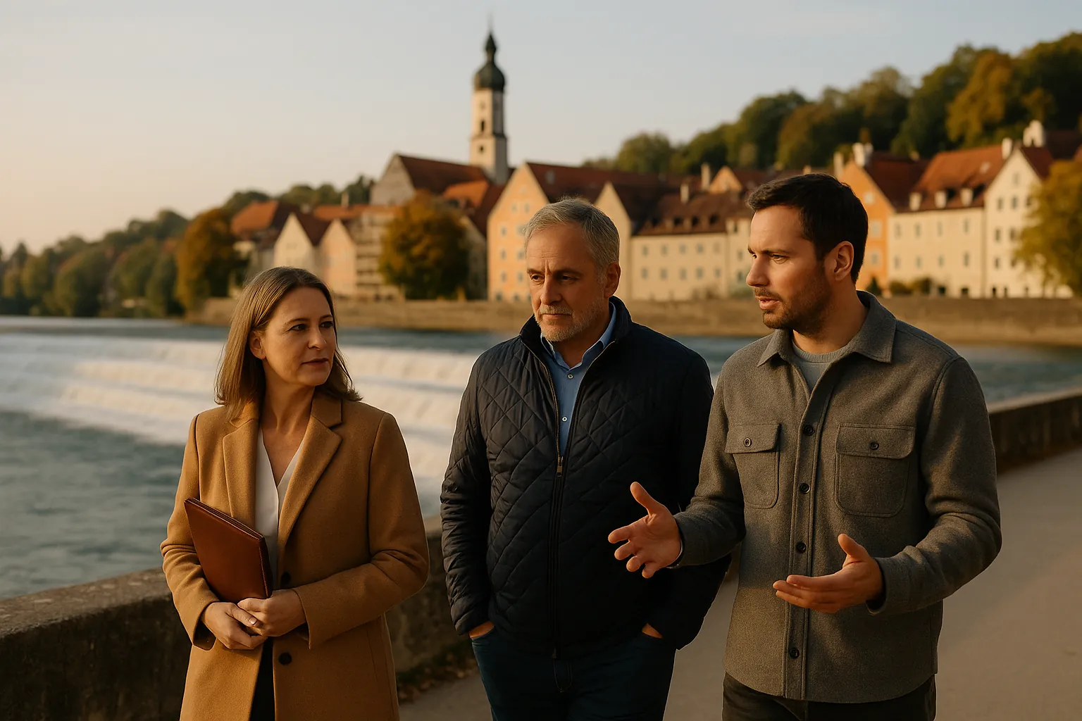 Eine Unternehmerin und zwei Unternehmer im Gespräch auf der Uferpromenade am Lech, dahinter ein Flusswehr und eine Altstadt