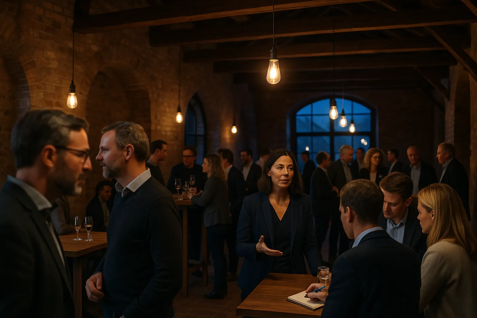 Unternehmerinnen und Unternehmer in Gesprächsgruppen an Stehtischen bei einem Abendtreffen in einer Backsteinhalle